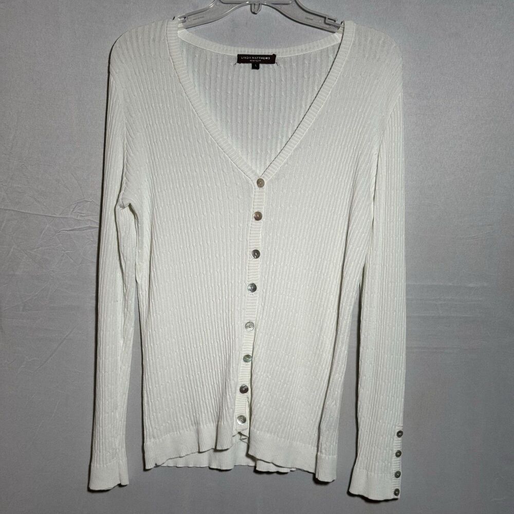 Linda Matthews New York Large Ivory Ribbed Button Cardigan Sweater V Neck